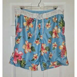 OP Ocean Pacific Mens Swim Trunks M 32-34 Blue Tropical Floral Coastal Resort